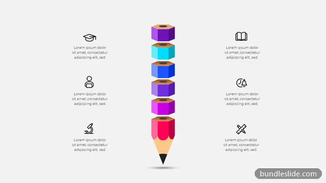 Education PPT template with 6 items in purple, pencil graphic, education icons - editable PowerPoint slide