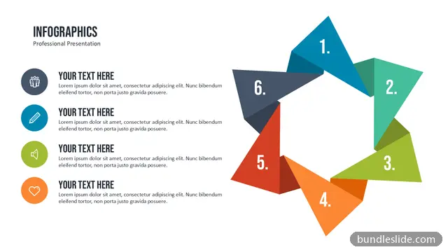 Cycle PPT template with 6 items in blue, pinwheel diagram, 6 steps - editable PowerPoint slide