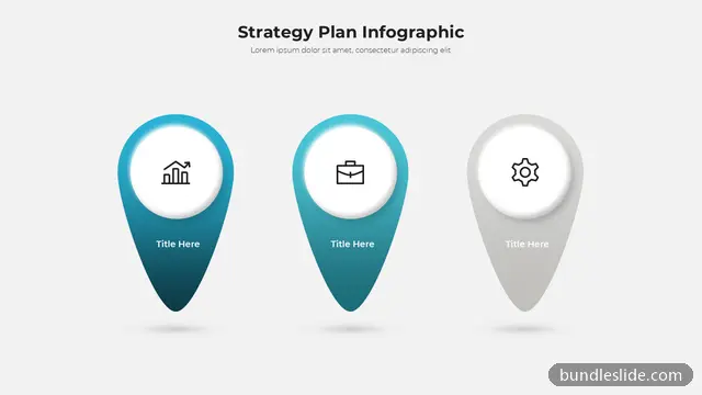 Operations PPT template with 3 items in teal, strategy plan, pin markers - editable PowerPoint slide