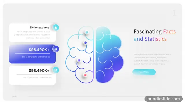 Statistics PPT template with 3 items in blue, brain illustration, statistics - editable PowerPoint slide