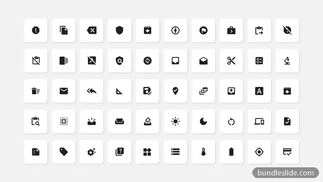 Operations PPT template with 50 items in black, icon set, workflow icons - editable PowerPoint slide