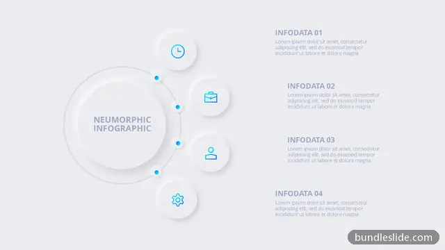 Technology PPT template with 4 items in light gray, neumorphic, circular layout - editable PowerPoint slide