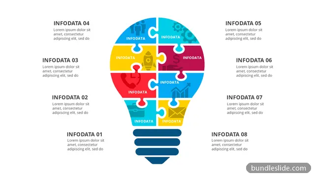 Mind Map PPT template with 8 items in blue, lightbulb, puzzle pieces - editable PowerPoint slide