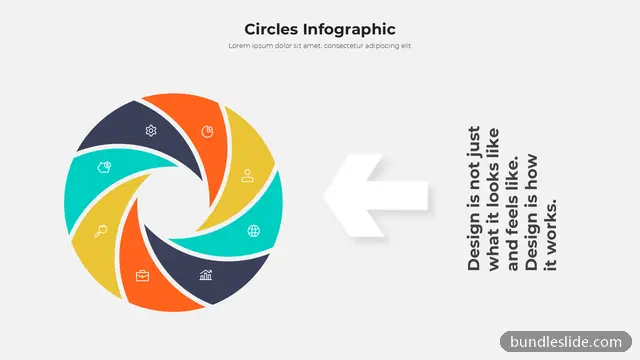 Cycle PPT template with 7 items in orange, circular infographic, pinwheel shape - editable PowerPoint slide
