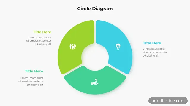 Cycle PPT template with 3 items in green, circle diagram, three segments - editable PowerPoint slide