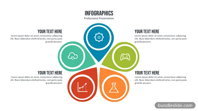 Technology PPT template with 5 items in blue, flower diagram, petal shapes - editable PowerPoint slide