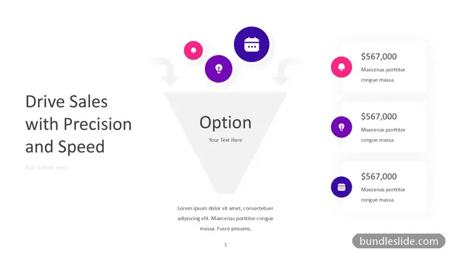 Statistics PPT template with 3 items in white, funnel diagram, sales - editable PowerPoint slide