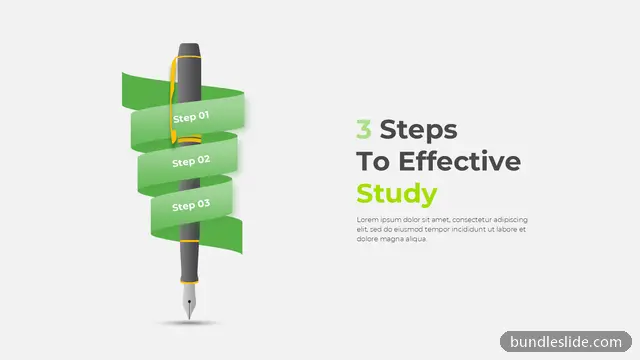 3 Step Process PPT template with 3 items in green, 3 steps, study tips - editable PowerPoint slide