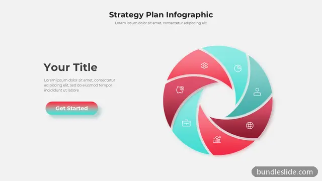Cycle PPT template with 6 items in red, strategy plan, pinwheel diagram - editable PowerPoint slide