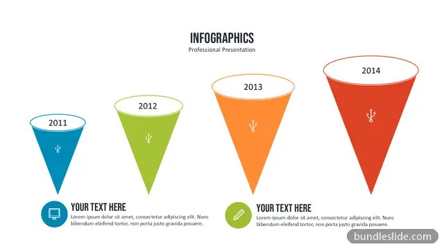 Funnel PPT template with 4 items in blue, cones, growth - editable PowerPoint slide