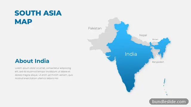 Map PPT template in blue, South Asia map, India highlighted - editable PowerPoint slide