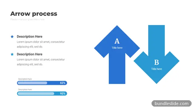 KPI Dashboard PPT template with 2 items in blue, arrow process, two options comparison - editable PowerPoint slide