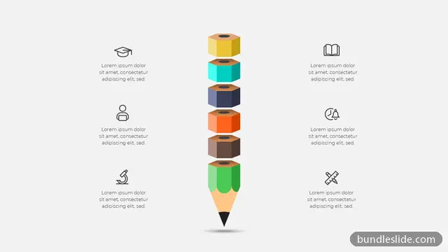 6 Step Process PPT template with 6 items in yellow, pencil graphic, education icons - editable PowerPoint slide