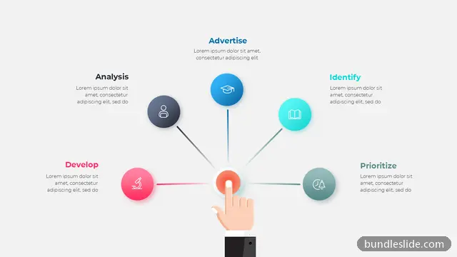Mind Map PPT template with 5 items in blue, hand touching center, radial diagram - editable PowerPoint slide