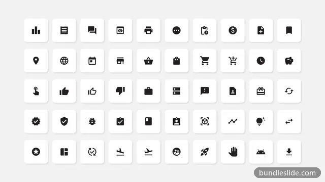 Technology PPT template with 50 items in black, icon set, black and white icons - editable PowerPoint slide