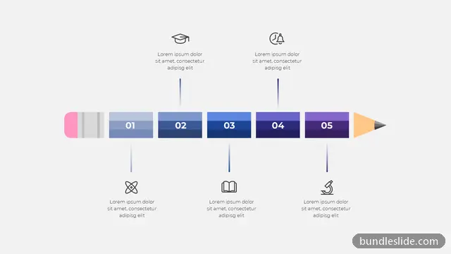 5 Step Timeline PPT template with 5 items in blue, 5-step process, pencil shape - editable PowerPoint slide