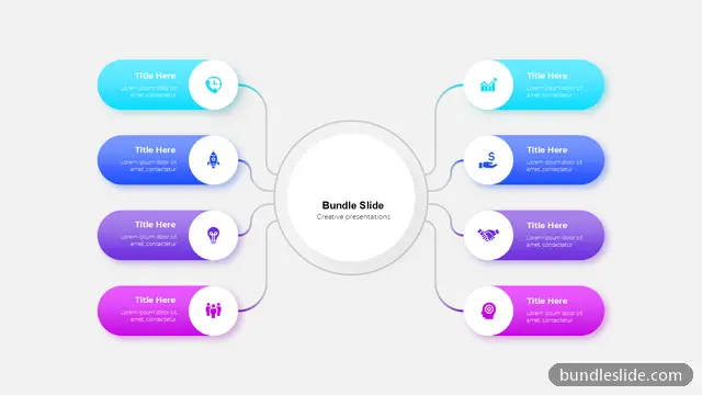 Flowchart PPT template with 8 items in cyan, mind map, central hub - editable PowerPoint slide