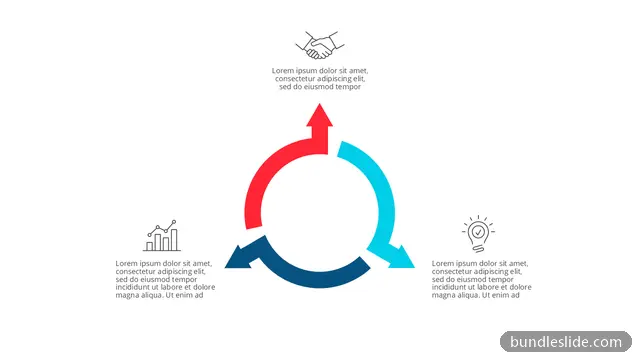3 Step Process PPT template with 3 items in red, circular arrows, three-step cycle - editable PowerPoint slide