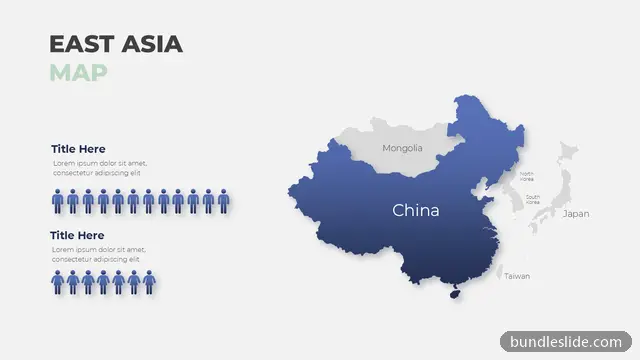 Map PPT template with 2 items in blue, East Asia map, China highlighted - editable PowerPoint slide