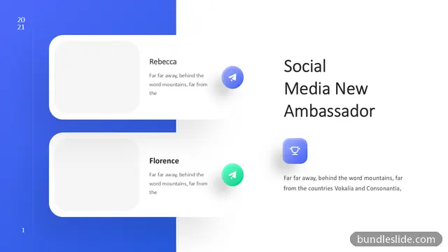 Team & About Us PPT template with 2 items in blue, social media, ambassador - editable PowerPoint slide