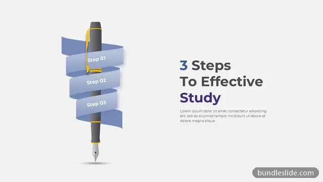 Mockup & Illustration PPT template with 3 items in blue, 3 steps, pen graphic - editable PowerPoint slide