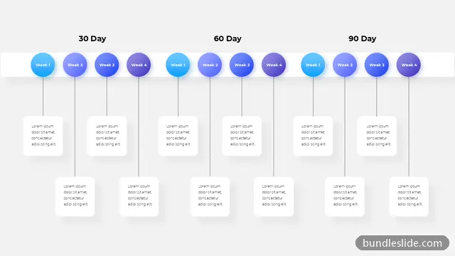 Roadmap PPT template with 12 items in blue, 30-60-90 day plan, weekly milestones - editable PowerPoint slide