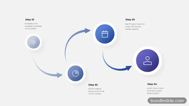 Flowchart PPT template with 4 items in blue, 4 steps, zigzag arrows - editable PowerPoint slide