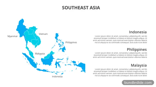 Map PPT template with 3 items in blue, Southeast Asia map, regional map - editable PowerPoint slide