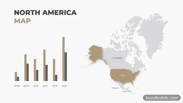 Map PPT template with 6 items in gray, North America map, USA highlighted - editable PowerPoint slide