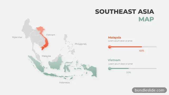 Data Chart PPT template with 2 items in orange, Southeast Asia map, regional data - editable PowerPoint slide