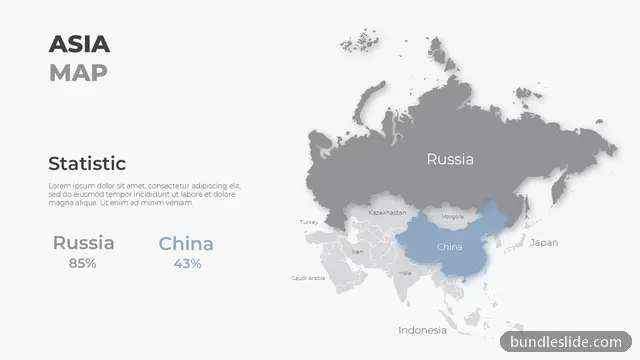 Map PPT template with 2 items in gray, Asia map, country highlight - editable PowerPoint slide