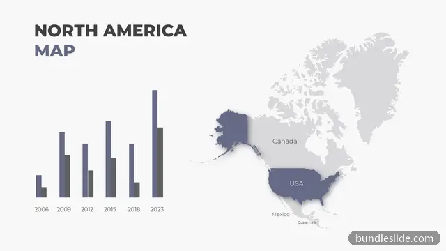 Sales PPT template with 6 items in navy blue, North America map, USA highlighted - editable PowerPoint slide