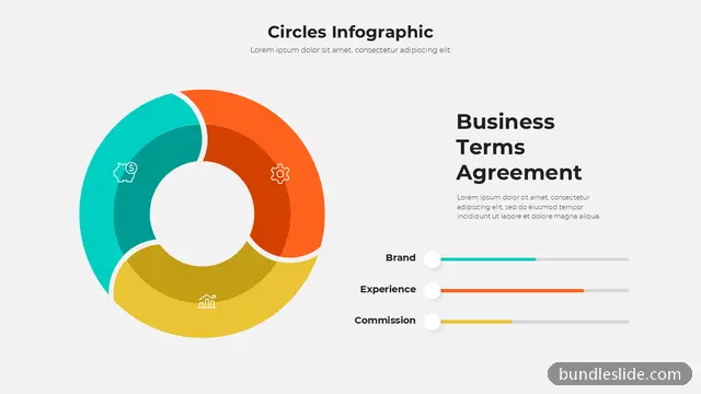 3 Step Process PPT template with 3 items in teal, circular infographic, donut segments - editable PowerPoint slide