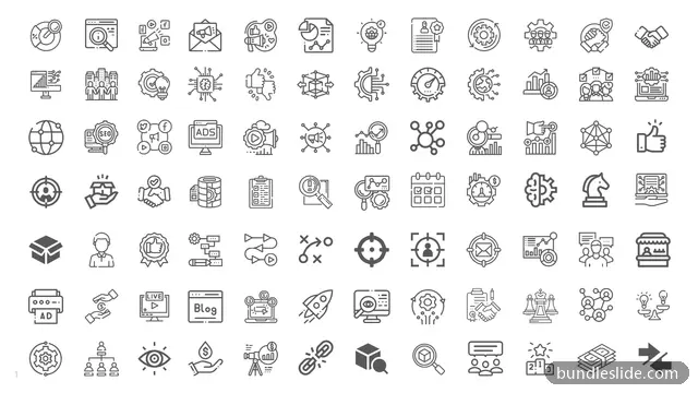 Technology PPT template with 77 items in gray, icon set, line icons - editable PowerPoint slide