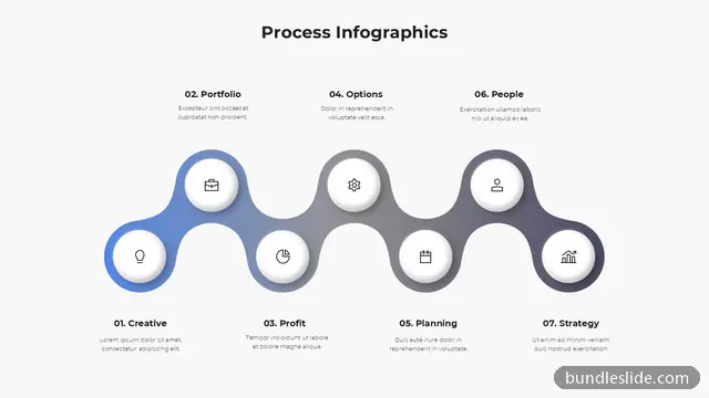 7 Step Process PPT template with 7 items in blue, wavy connector, 7 steps - editable PowerPoint slide
