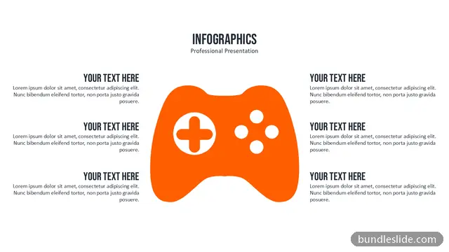 Technology PPT template with 6 items in orange, game controller icon, gaming - editable PowerPoint slide