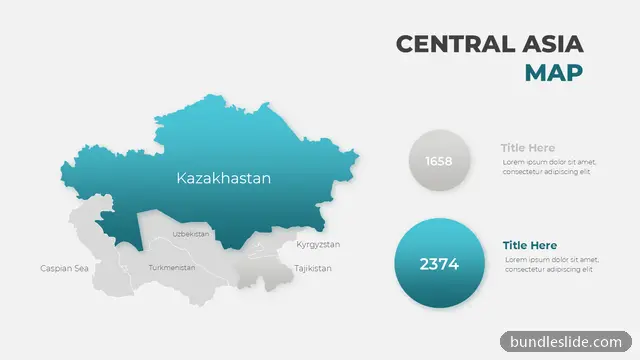 Real Estate PPT template with 2 items in teal, Central Asia map, Kazakhstan highlighted - editable PowerPoint slide