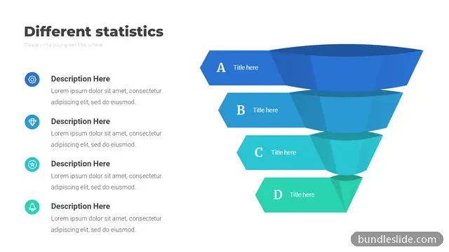 Sales PPT template with 4 items in blue, funnel diagram, 4-stage funnel - editable PowerPoint slide