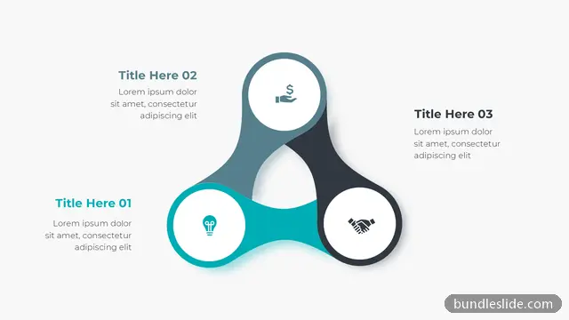 3 Step Process PPT template with 3 items in teal, three circles, interlocking circles - editable PowerPoint slide