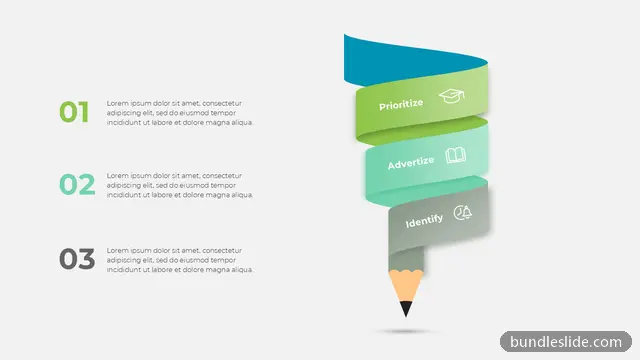 Mockup & Illustration PPT template with 3 items in teal, pencil graphic, ribbon steps - editable PowerPoint slide