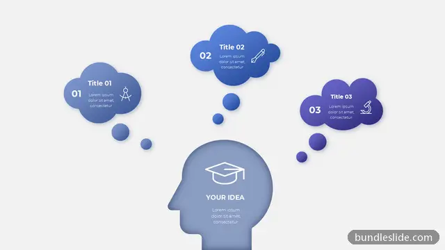 3 Step Process PPT template with 3 items in blue, thought bubbles, head silhouette - editable PowerPoint slide