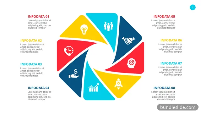 8 Stage Cycle PPT template with 8 items in red, pinwheel diagram, 8 segments - editable PowerPoint slide
