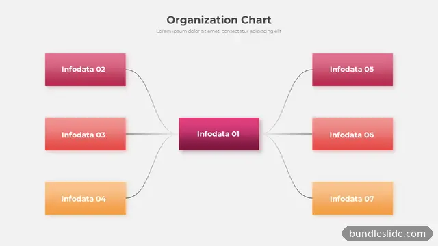 Org Chart PPT template with 7 items in pink, organization chart, central node - editable PowerPoint slide