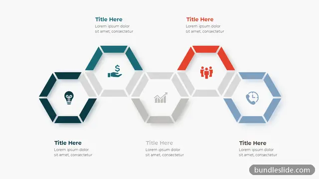 5 Step Timeline PPT template with 5 items in teal, hexagon, honeycomb - editable PowerPoint slide