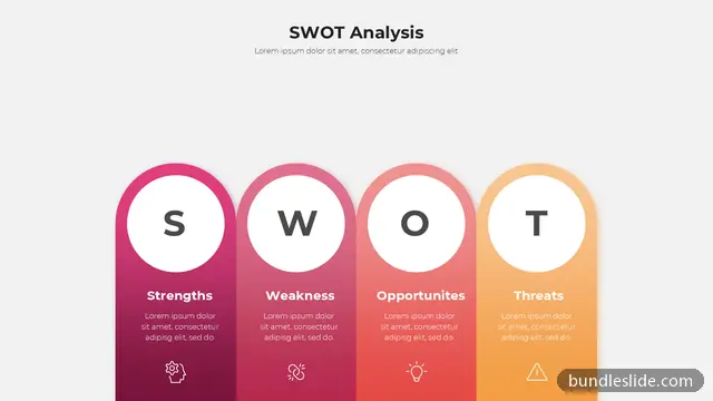 SWOT Analysis PPT template with 4 items in magenta, SWOT, strengths - editable PowerPoint slide