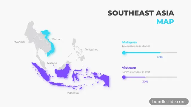Sales PPT template with 2 items in cyan, Southeast Asia map, regional data - editable PowerPoint slide
