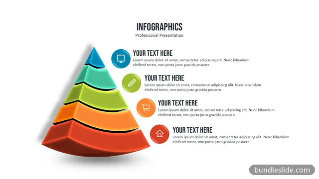 Pyramid PPT template with 5 items in blue, 3D pyramid, layered pyramid - editable PowerPoint slide