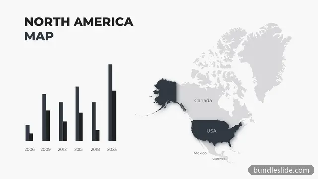 Bar Chart PPT template with 6 items in dark navy, North America map, USA highlighted - editable PowerPoint slide