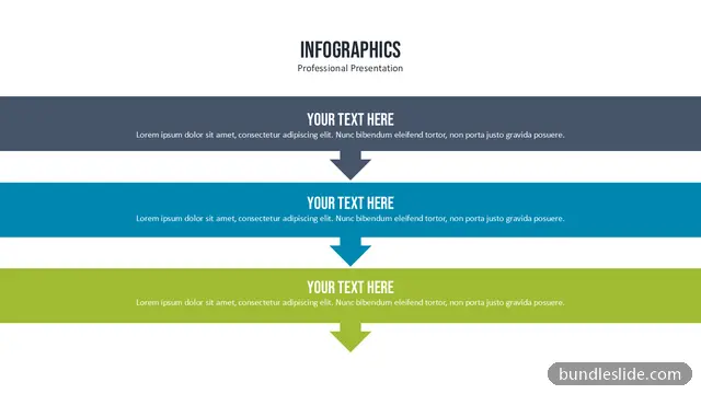 Flowchart PPT template with 3 items in dark blue-gray, vertical process, downward arrows - editable PowerPoint slide
