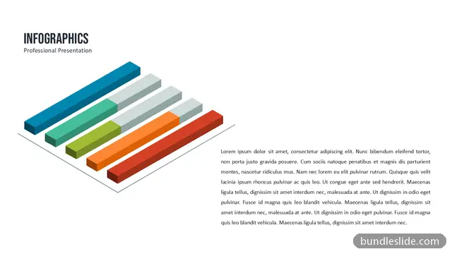 Bar Chart PPT template with 5 items in blue, isometric bars, 3D bar chart - editable PowerPoint slide